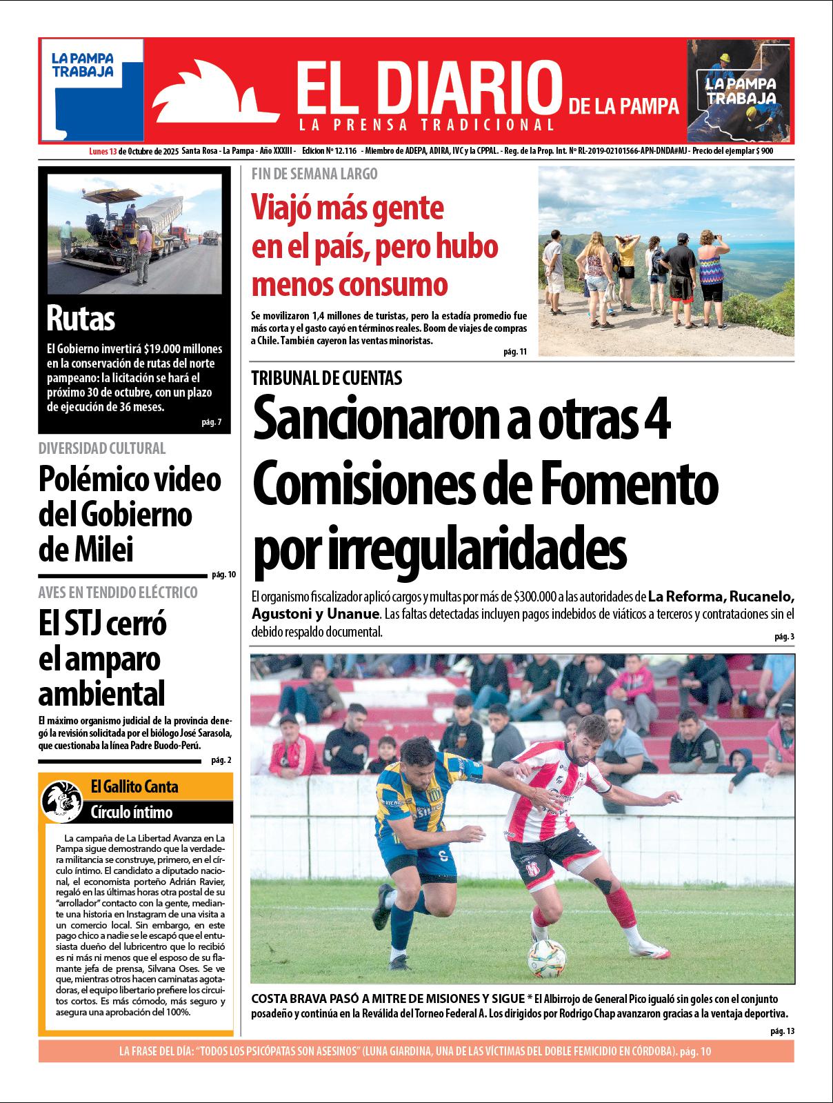Tapa de El Diario en papel  lunes 13 de octubre de 2025